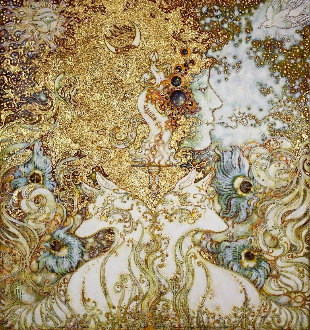 Maria Maanvalo: Paloma. Mixed media painting 72 x 67 cm