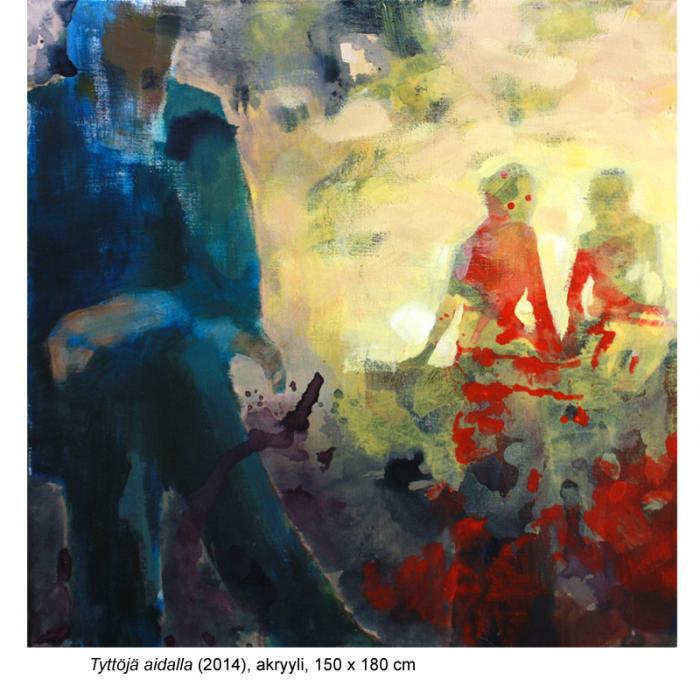 Mari Mulari: Tyttöjä aidalla, 2014. Akryyli, 150 x 180 cm.