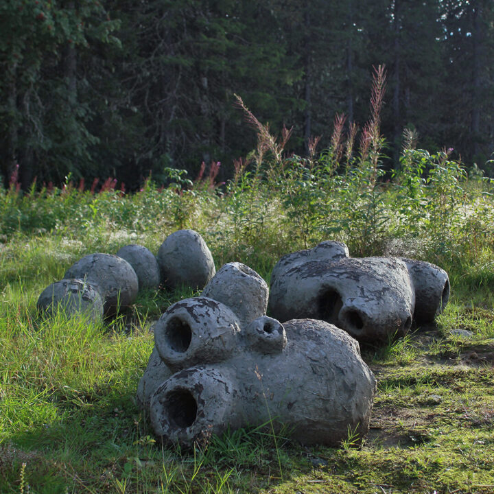 A summer landscape with several roundish-shaped pieces of artwork in the foreground. Taller vegetation and trees in the background.